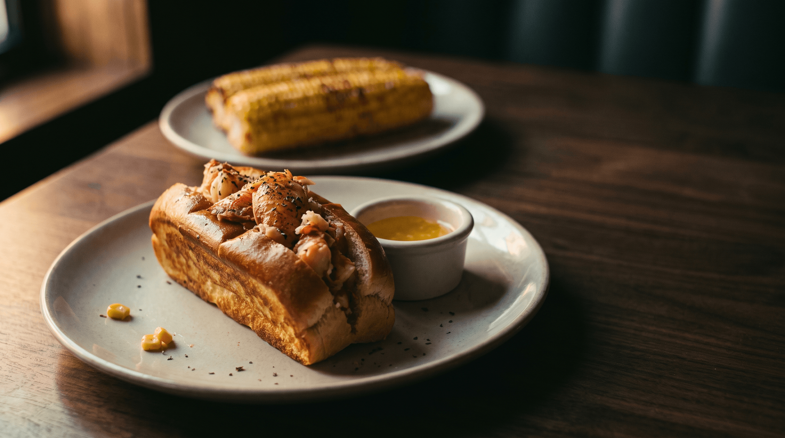 A lobster roll on a plate in the foreground, with an ear of corn on a separate plate behind it, out of focus. A few stray corn kernels have scattered onto the near plate's rim.