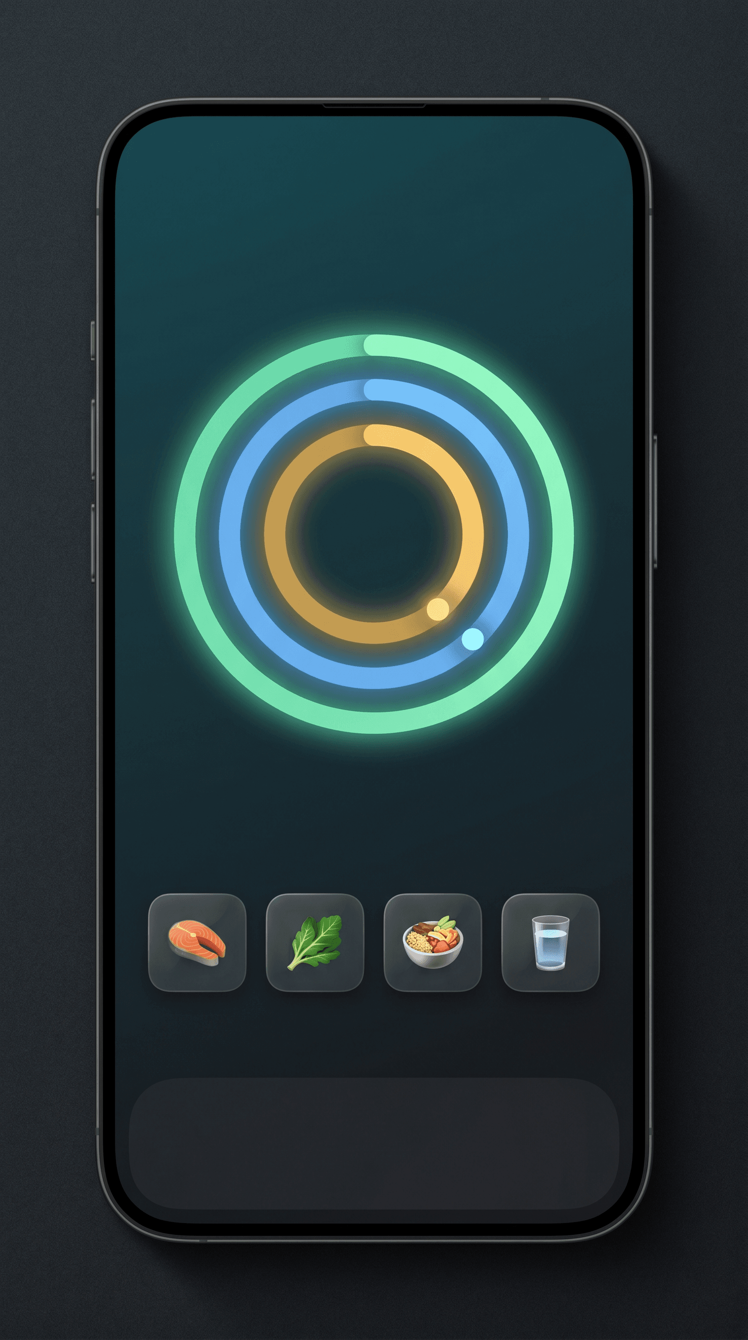 Editorial photograph of an iPhone showing the Svelio Large widget on its home screen — three concentric glowing rings (green calories, blue water, gold fasting) above a row of four small food-icon pin tiles for one-tap logging